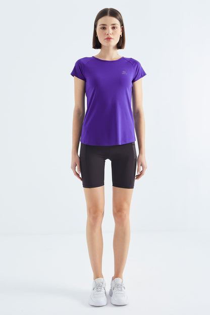 Dark Purple Short Sleeve Standard Fit O Neck Women's T-Shirt with Back Window - 97101