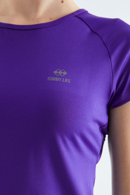 Dark Purple Short Sleeve Standard Fit O Neck Women's T-Shirt with Back Window - 97101