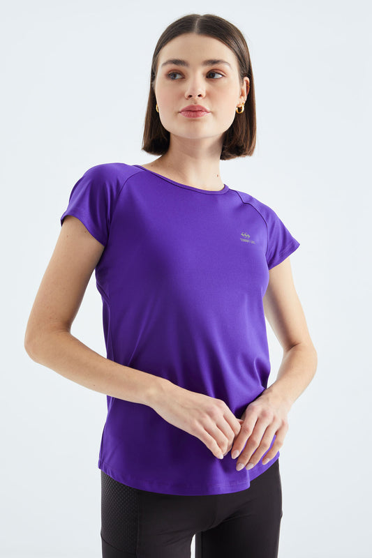 Dark Purple Short Sleeve Standard Fit O Neck Women's T-Shirt with Back Window - 97101