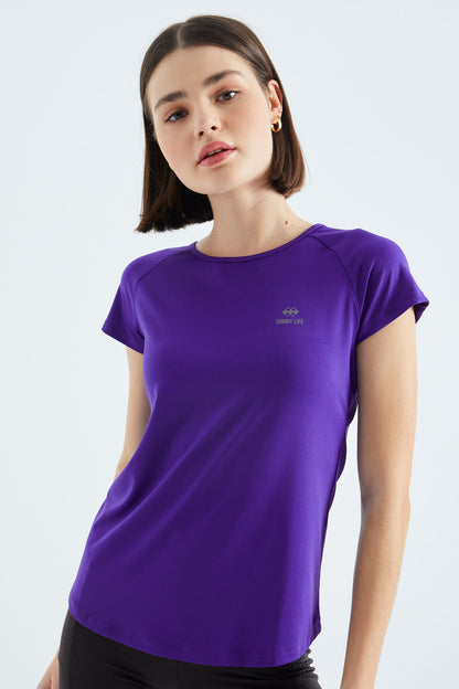 Dark Purple Short Sleeve Standard Fit O Neck Women's T-Shirt with Back Window - 97101