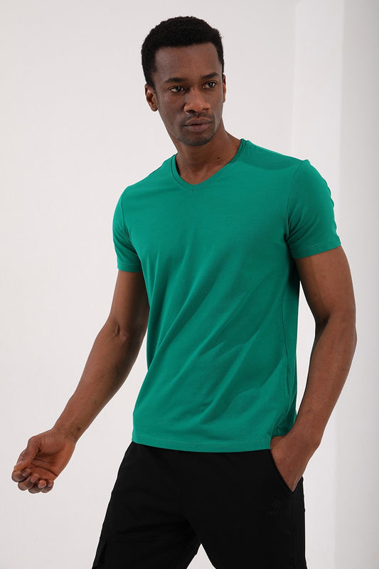 Dark Green Basic Short Sleeve Standard Fit V-Neck Men's T-Shirt - 87912