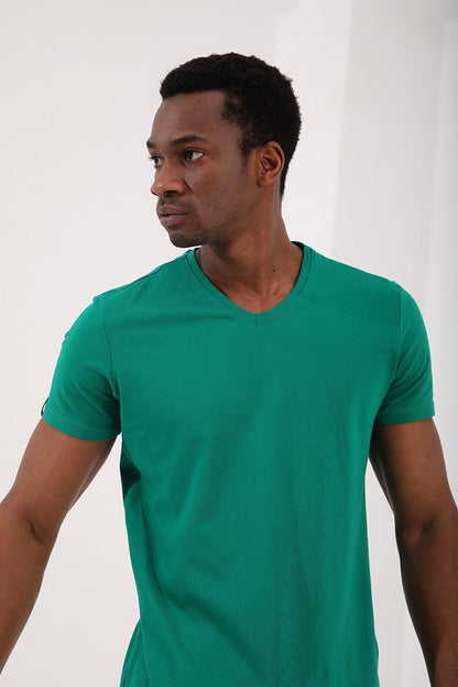 Dark Green Basic Short Sleeve Standard Fit V-Neck Men's T-Shirt - 87912