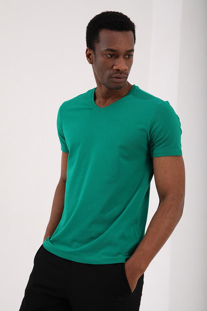 Dark Green Basic Short Sleeve Standard Fit V-Neck Men's T-Shirt - 87912