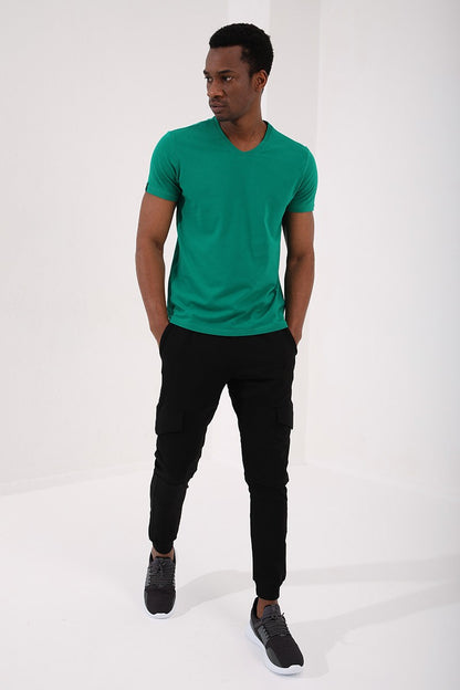 Dark Green Basic Short Sleeve Standard Fit V-Neck Men's T-Shirt - 87912