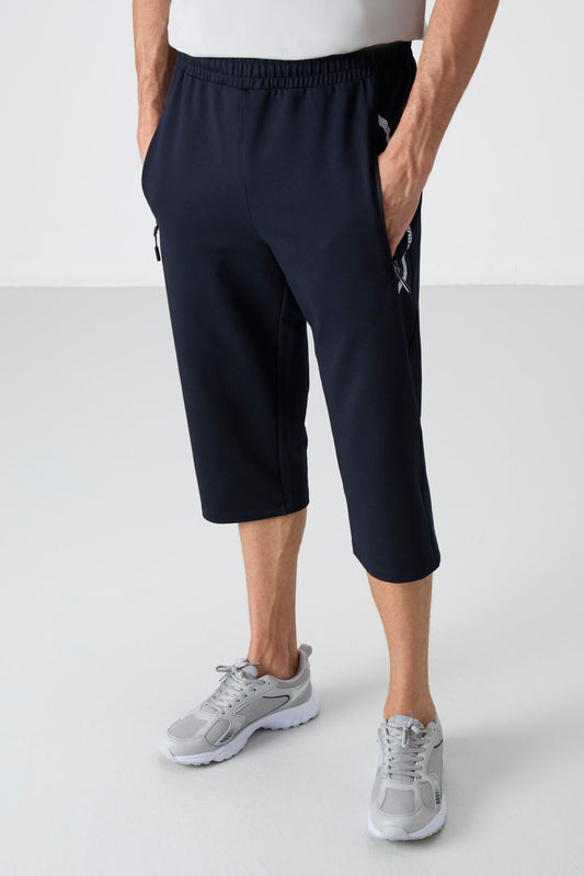 Navy - White Zippered Pocket Standard Fit Classic Hem Men's Capri - 83091