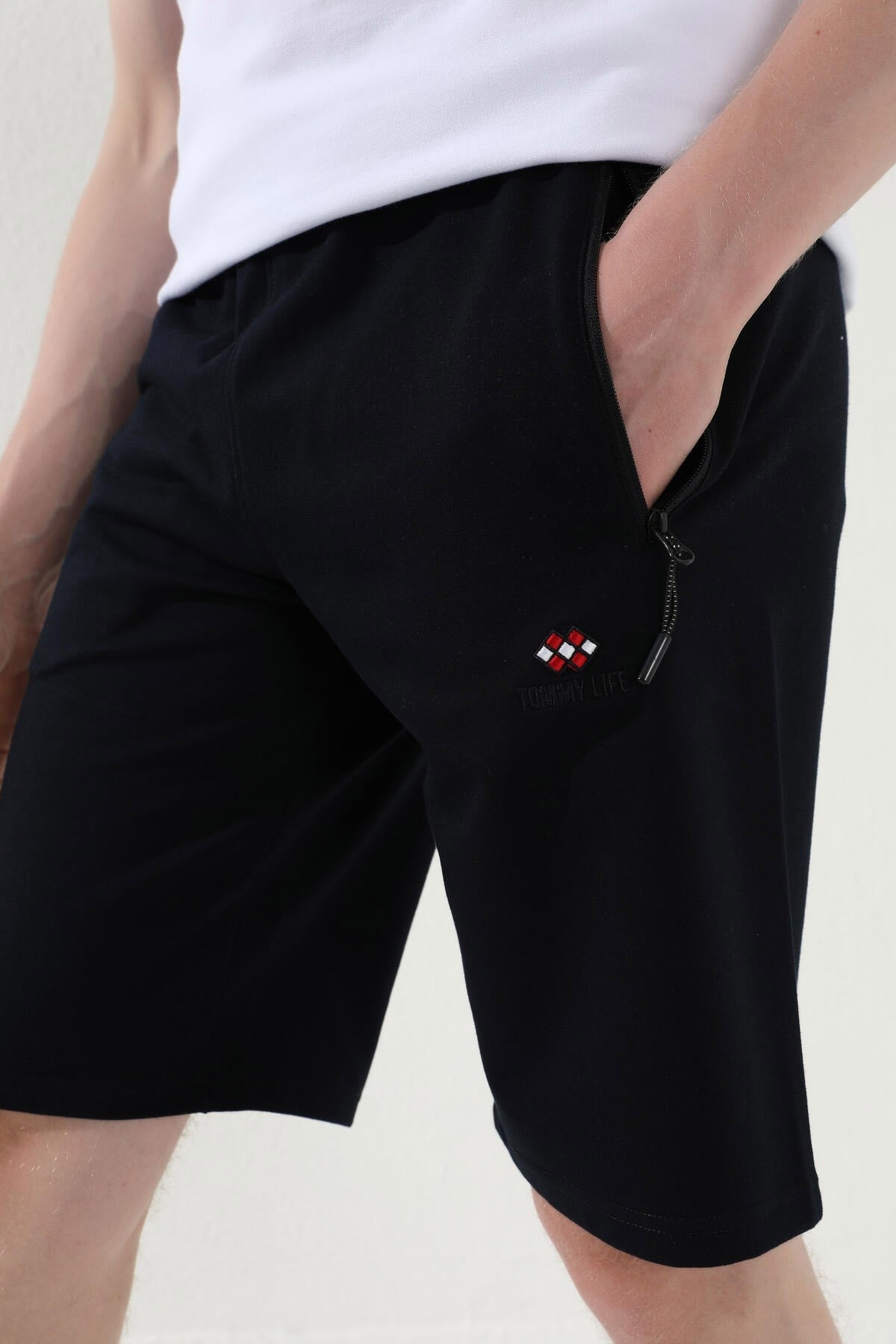 Navy Blue Laced Zippered Standard Fit Basic Men's Shorts - 81167