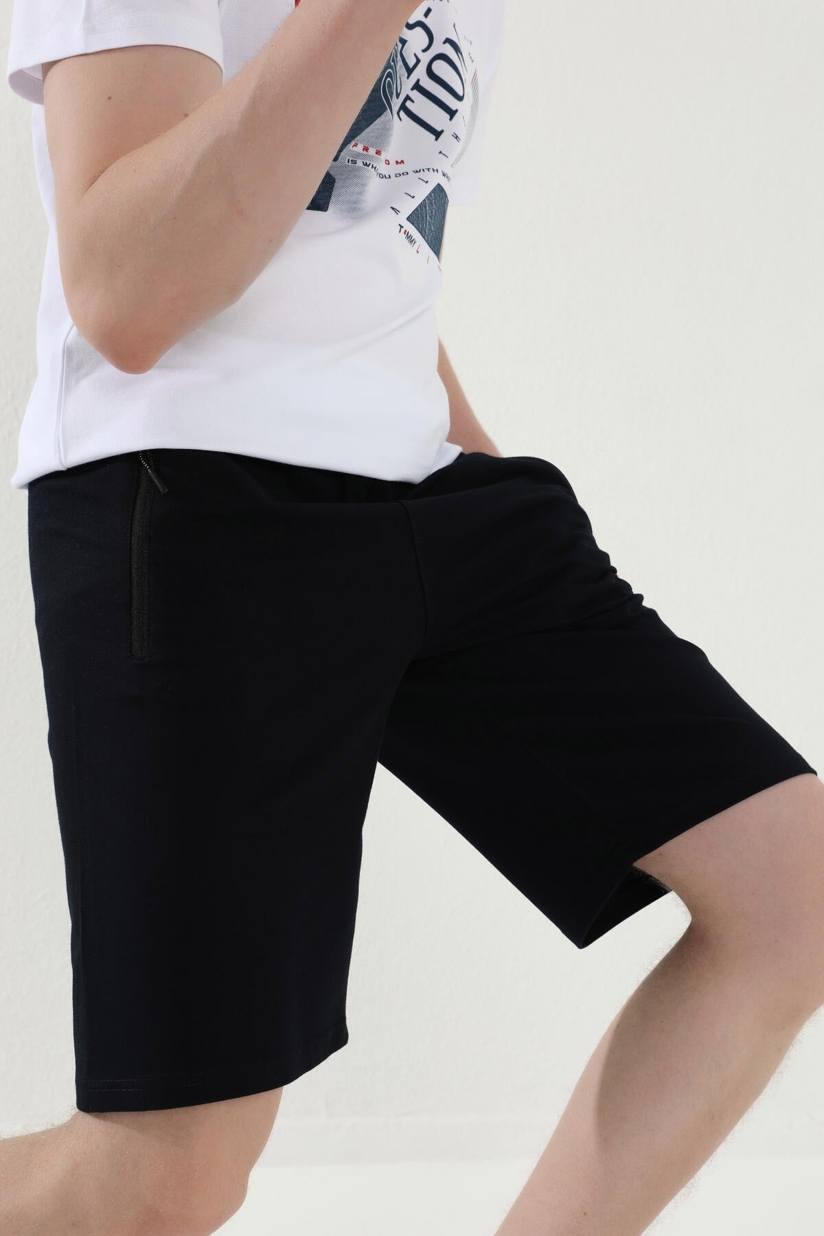 Navy Blue Laced Zippered Standard Fit Basic Men's Shorts - 81167