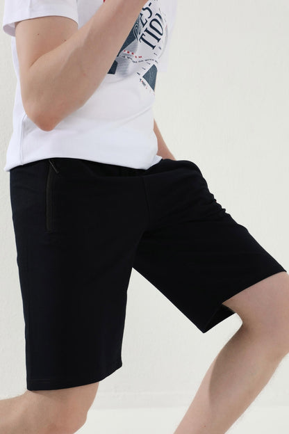 Navy Blue Laced Zippered Standard Fit Basic Men's Shorts - 81167