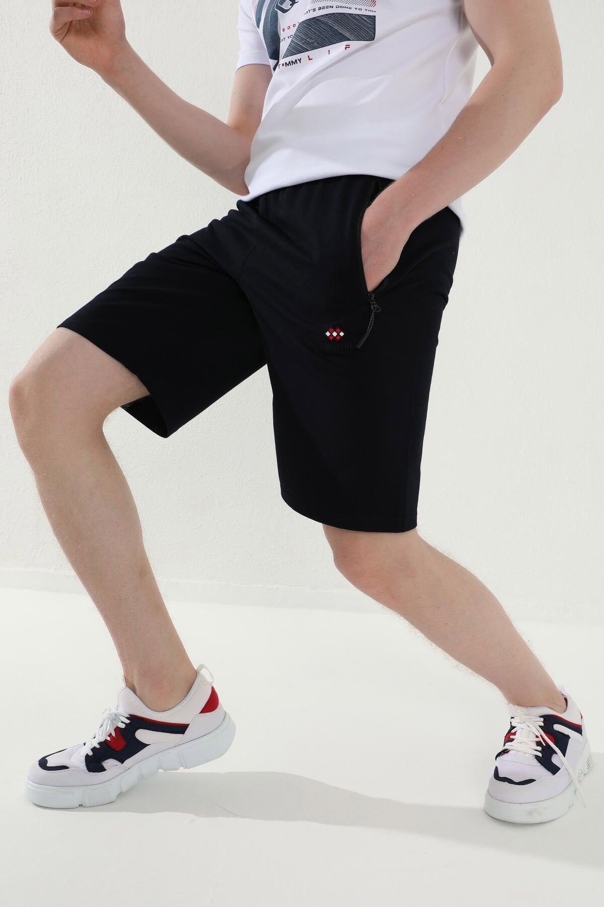 Navy Blue Laced Zippered Standard Fit Basic Men's Shorts - 81167