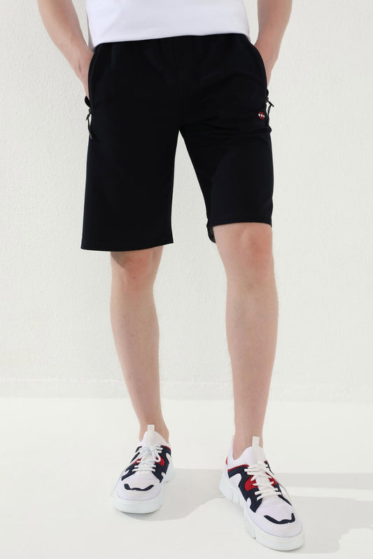 Navy Blue Laced Zippered Standard Fit Basic Men's Shorts - 81167