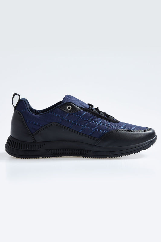 Navy Blue Laced Quilted PU Leather Detailed Men's Sports Shoes - 89096
