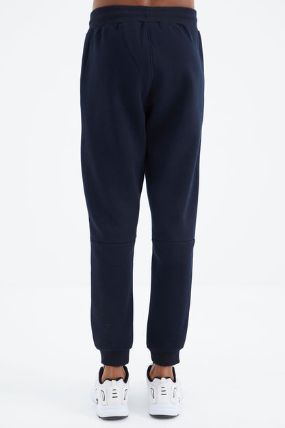 Navy Blue Laced Striped Detailed Relax Fit Men's Tracksuit Bottom - 82106