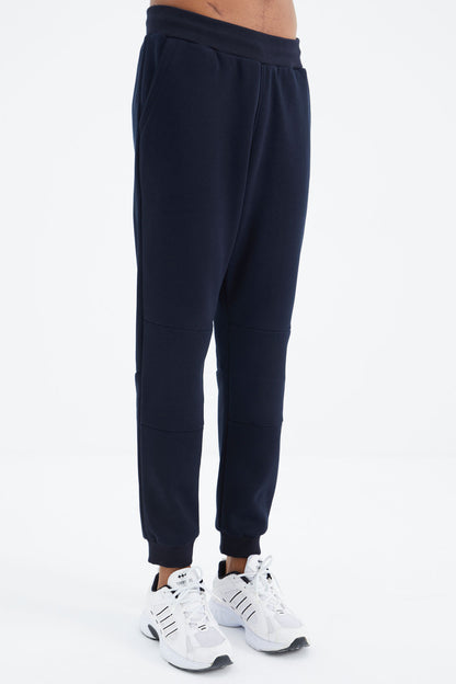 Navy Blue Laced Striped Detailed Relax Fit Men's Tracksuit Bottom - 82106