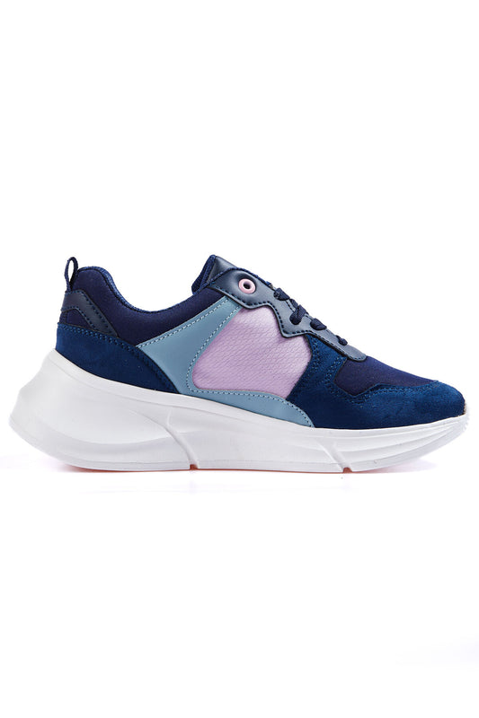 Navy Blue Laced High Sole File Detailed Colorful Women's Sports Shoes - 89203