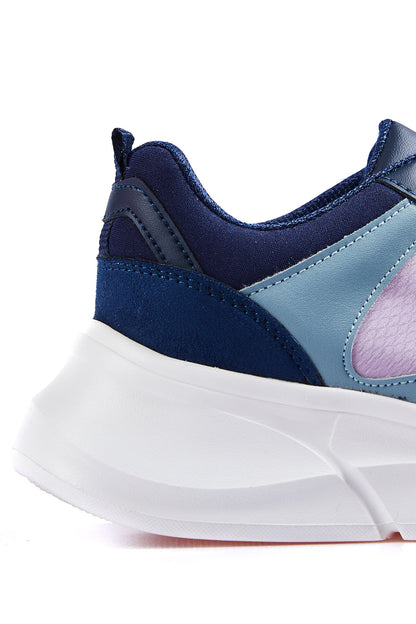 Navy Blue Laced High Sole File Detailed Colorful Women's Sports Shoes - 89203
