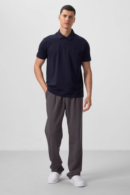 Navy Blue Basic Chest Logo Standard Fit Knitted Polo Collar Men's T-Shirt - 87768