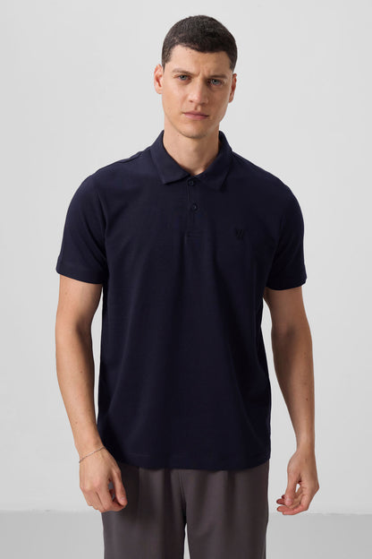 Navy Blue Basic Chest Logo Standard Fit Knitted Polo Collar Men's T-Shirt - 87768