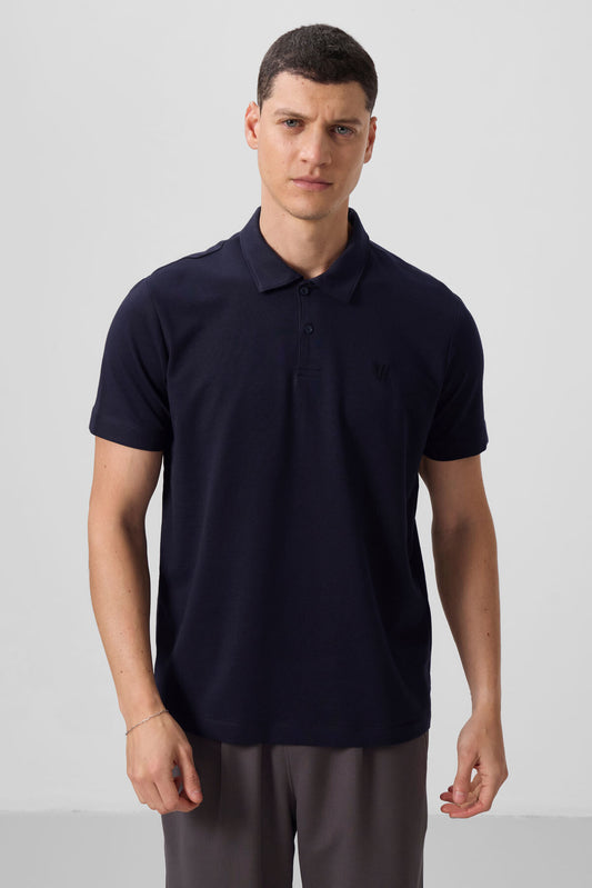 Navy Blue Basic Chest Logo Standard Fit Knitted Polo Collar Men's T-Shirt - 87768