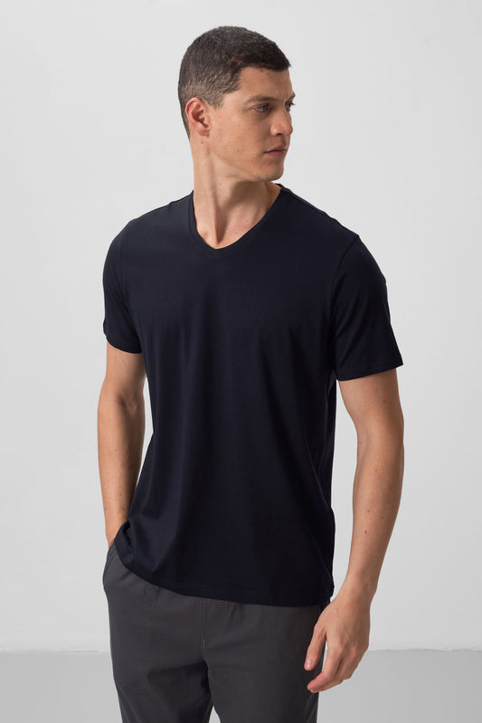 Navy Blue Basic Short Sleeve Regular Fit V-Neck Men's T-Shirt - 87912