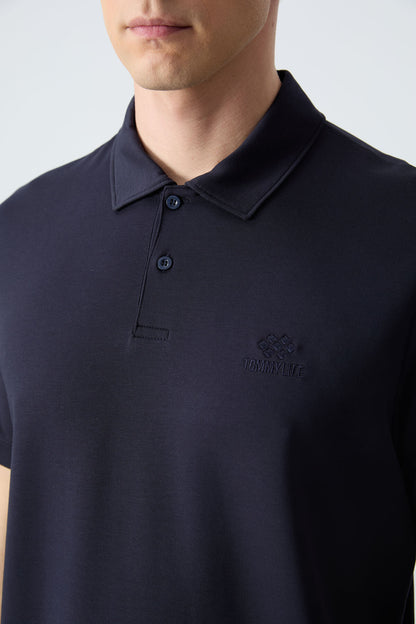 Navy Blue Basic Logo Standard Fit Knitted Polo Collar Men's T-Shirt - 87748