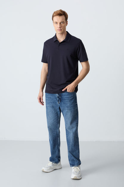 Navy Blue Basic Logo Standard Fit Knitted Polo Collar Men's T-Shirt - 87748