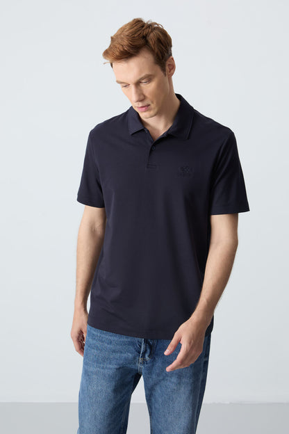 Navy Blue Basic Logo Standard Fit Knitted Polo Collar Men's T-Shirt - 87748