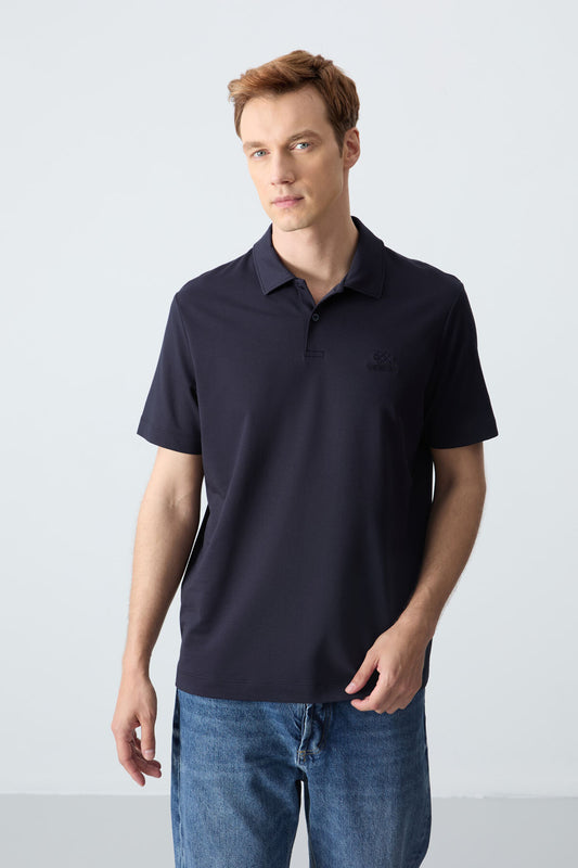 Navy Blue Basic Logo Standard Fit Knitted Polo Collar Men's T-Shirt - 87748