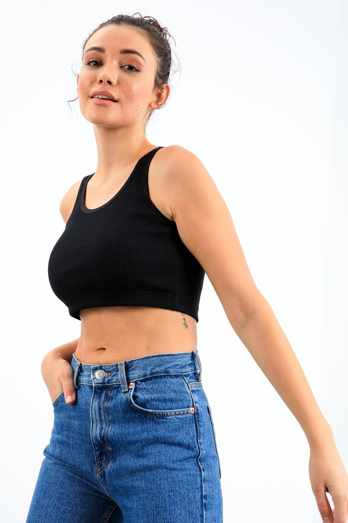 Navy Blue Basic Zero Sleeve Slim Fit U Neck Women's Crop Top Singlet - 97160