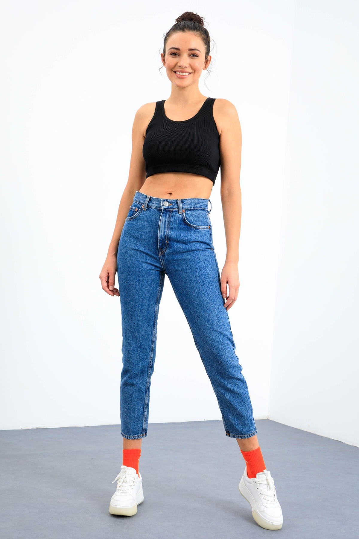 Navy Blue Basic Zero Sleeve Slim Fit U Neck Women's Crop Top Singlet - 97160