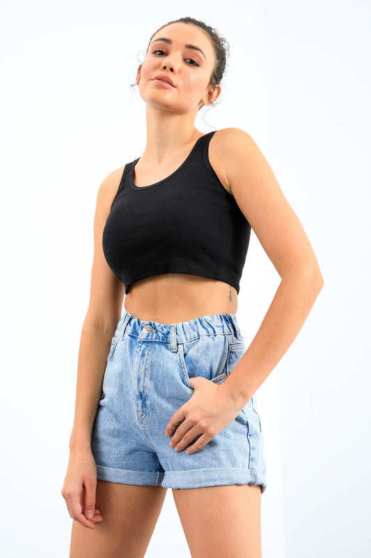 Navy Blue Basic Slim Fit Short Sleeve U Neck Women's Crop Top Singlet - 97162