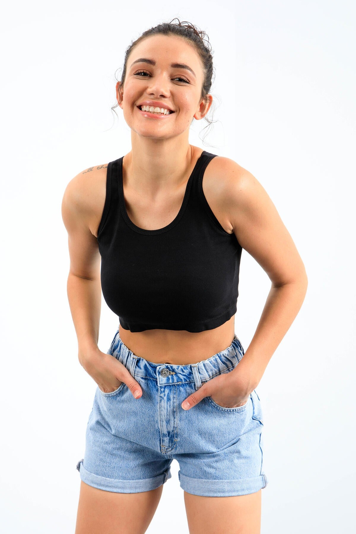 Navy Blue Basic Slim Fit Short Sleeve U Neck Women's Crop Top Singlet - 97162