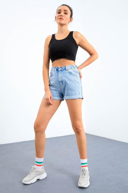 Navy Blue Basic Slim Fit Short Sleeve U Neck Women's Crop Top Singlet - 97162