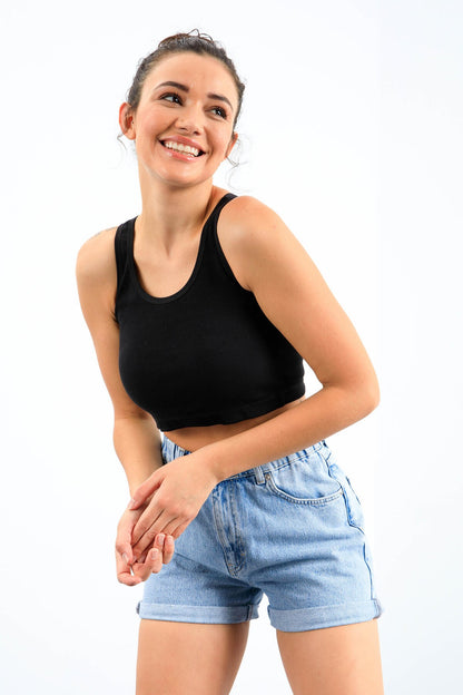 Navy Blue Basic Slim Fit Short Sleeve U Neck Women's Crop Top Singlet - 97162
