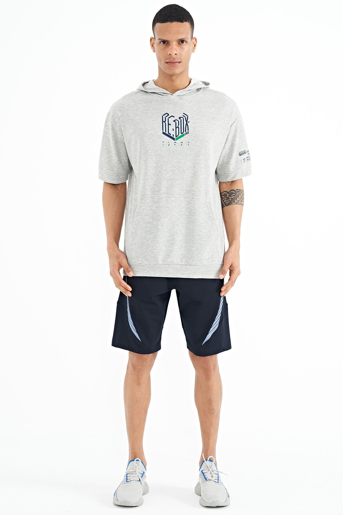 Navy Blue Printed Detail Embroidered Logo Regular Fit Men's Shorts - 81252