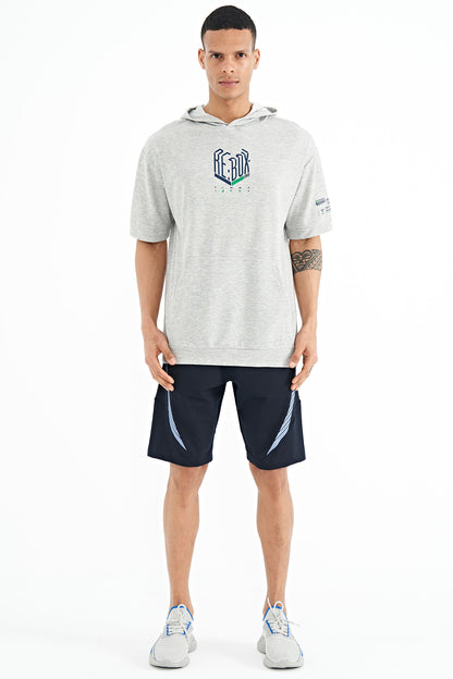 Navy Blue Printed Detail Embroidered Logo Regular Fit Men's Shorts - 81252