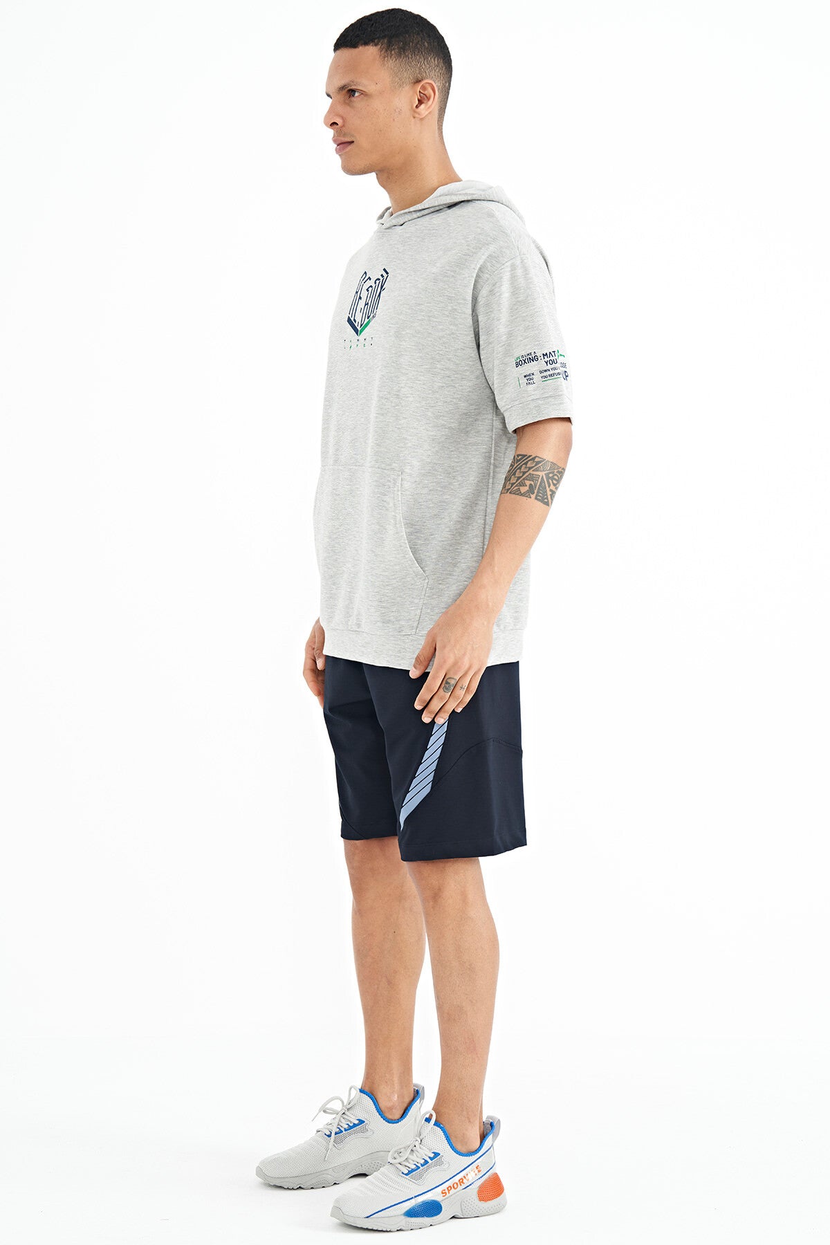 Navy Blue Printed Detail Embroidered Logo Regular Fit Men's Shorts - 81252