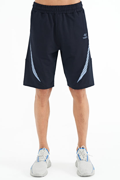 Navy Blue Printed Detail Embroidered Logo Regular Fit Men's Shorts - 81252