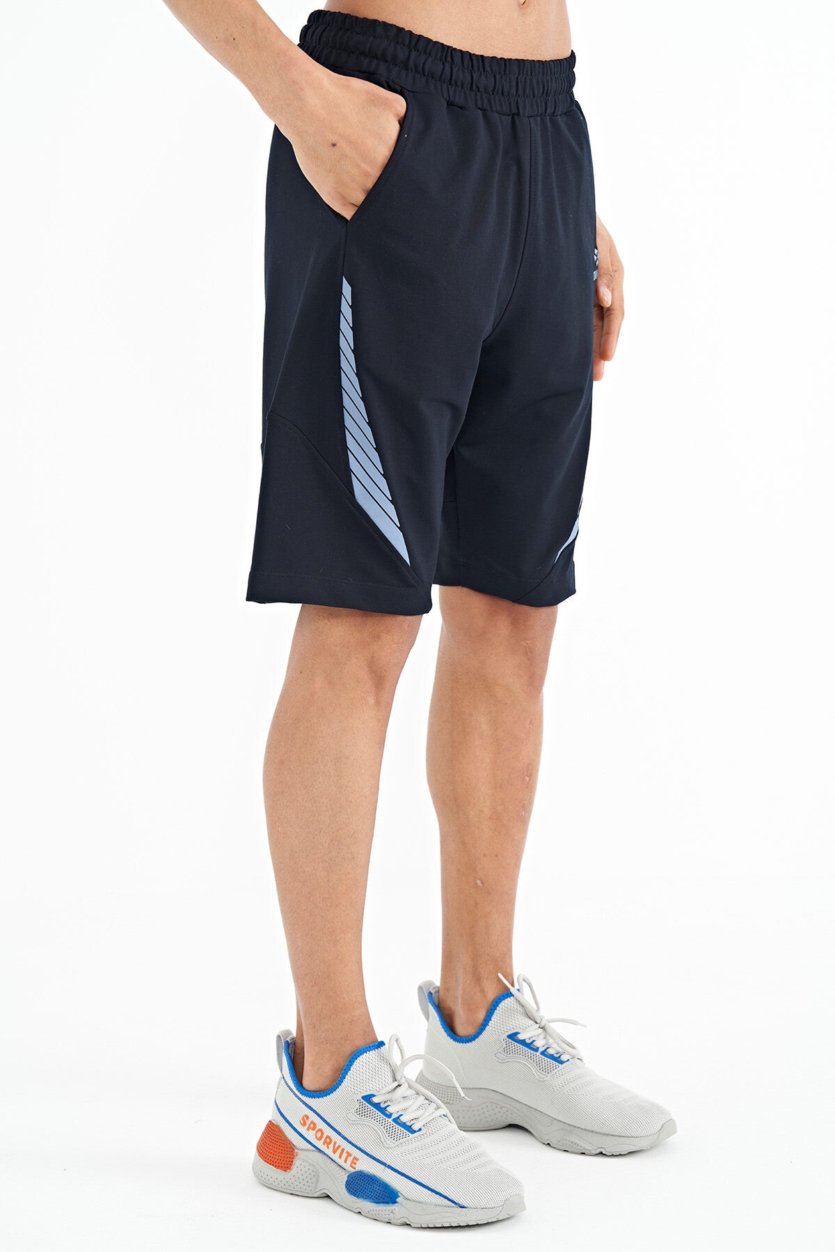 Navy Blue Printed Detail Embroidered Logo Regular Fit Men's Shorts - 81252