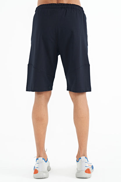 Navy Blue Printed Detail Embroidered Logo Regular Fit Men's Shorts - 81252