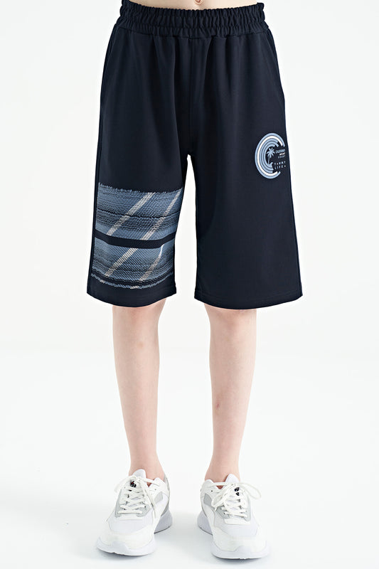 Navy Blue Printed Detailed Laced Standard Fit Boys Shorts - 11125