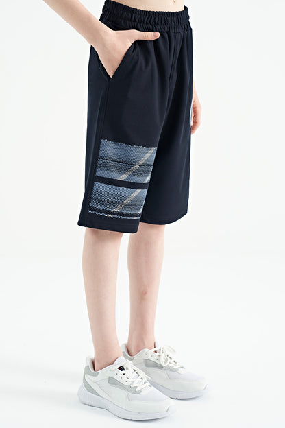 Navy Blue Printed Detailed Laced Standard Fit Boys Shorts - 11125