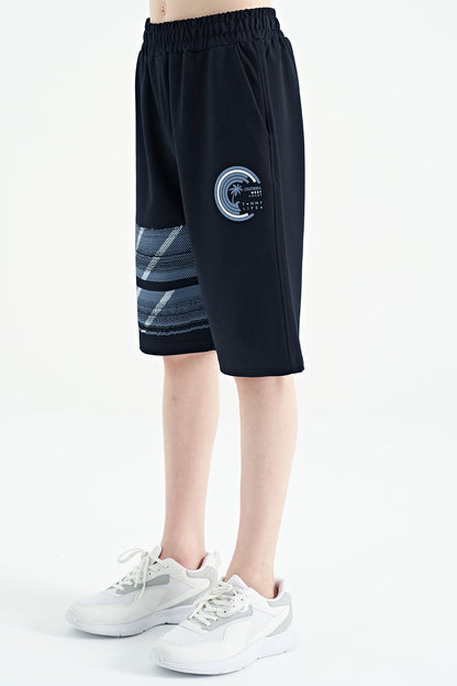 Navy Blue Printed Detailed Laced Standard Fit Boys Shorts - 11125