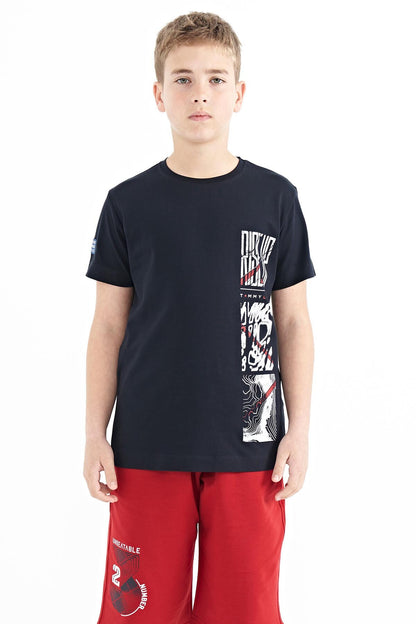 Navy Blue Printed Detailed O Collar Standard Fit Boys T-Shirt - 11104