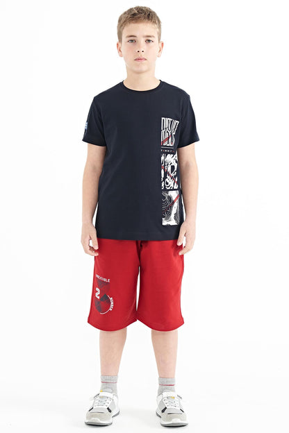 Navy Blue Printed Detailed O Collar Standard Fit Boys T-Shirt - 11104
