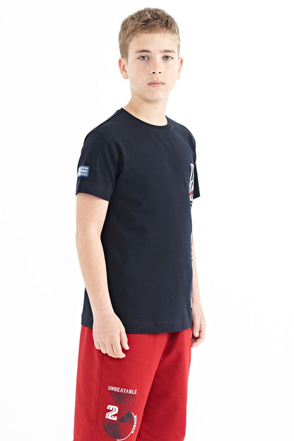 Navy Blue Printed Detailed O Collar Standard Fit Boys T-Shirt - 11104