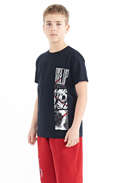 Navy Blue Printed Detailed O Collar Standard Fit Boys T-Shirt - 11104
