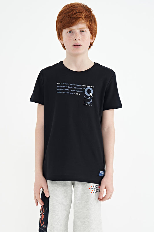 Navy Blue Print Detailed O Collar Standard Fit Boys T-Shirt - 11145