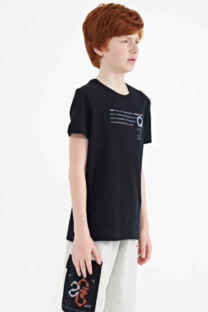 Navy Blue Print Detailed O Collar Standard Fit Boys T-Shirt - 11145
