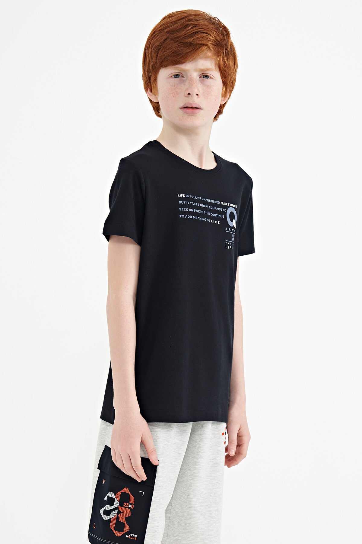 Navy Blue Print Detailed O Collar Standard Fit Boys T-Shirt - 11145