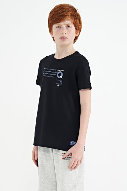 Navy Blue Print Detailed O Collar Standard Fit Boys T-Shirt - 11145